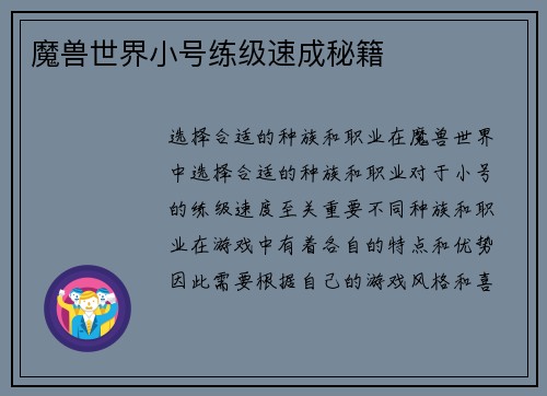 魔兽世界小号练级速成秘籍